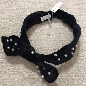 J.Crew Black Suede Pearl Twisted Bow Hairband
